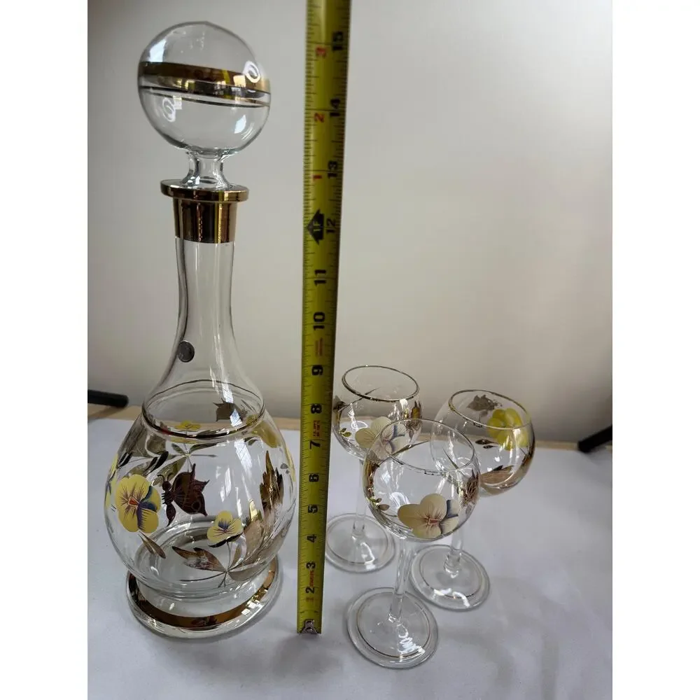 Vintage Bohemian Glass Decanter Set | Gold Gilt Pansy Butterfly Barware